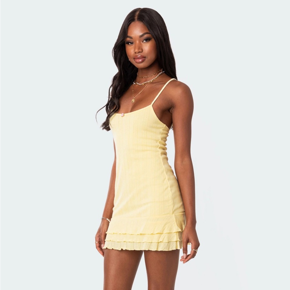 Edikted Pointelle Yellow Ruffle Mini Dress- Small